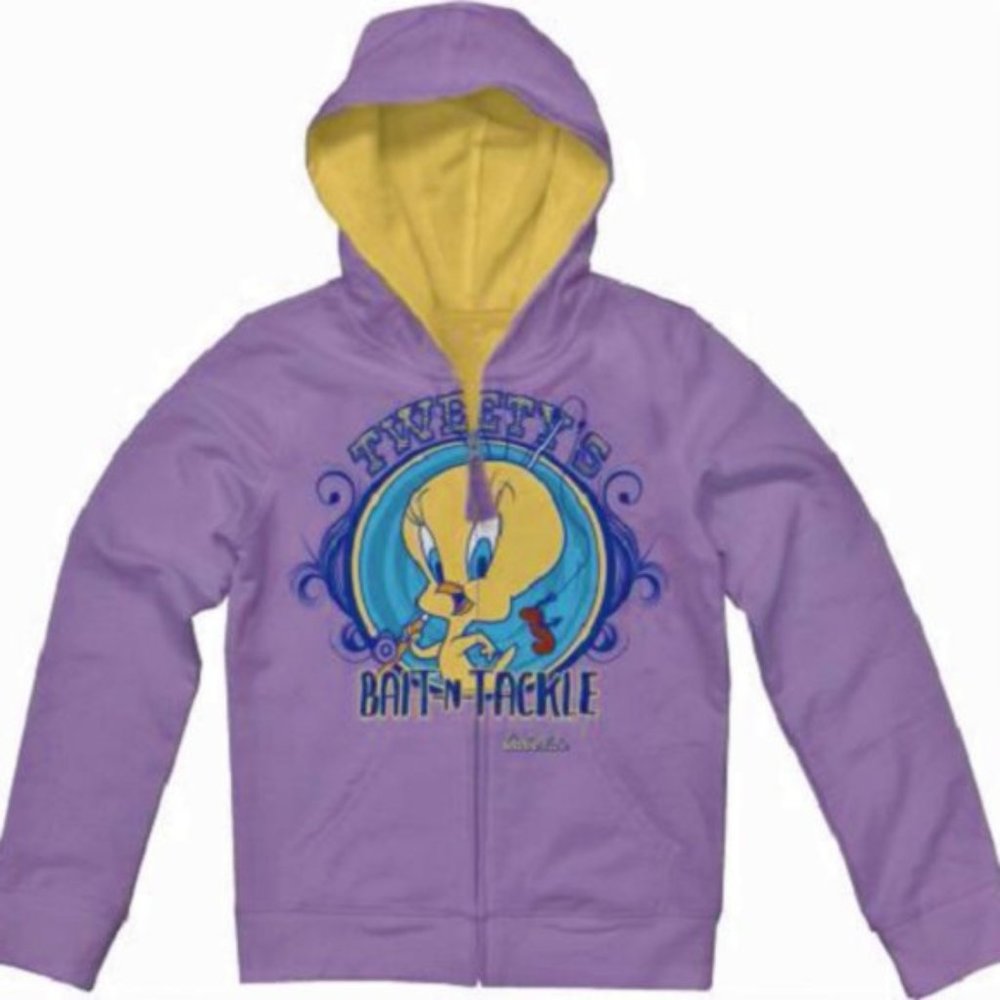 Cabela's Girls Hoodie Tweety Bird Bait & Tackle Warner Bros Purple MSRP $34.99